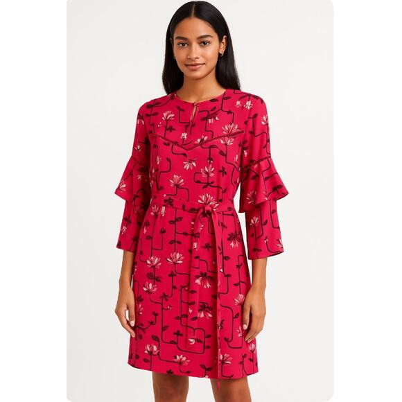 Ann Taylor Sz 4 Hot Pink Dress Floral Flowy Feminine Lined Work Church Modest - Picture 1 of 7